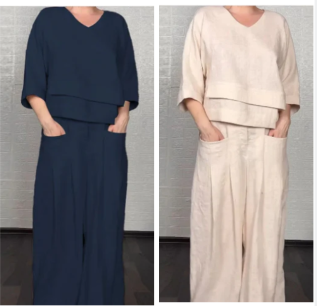 Conjunto de dos piezas de algodón y lino con dobladillo irregular: top con cuello en V + pantalones de pierna ancha