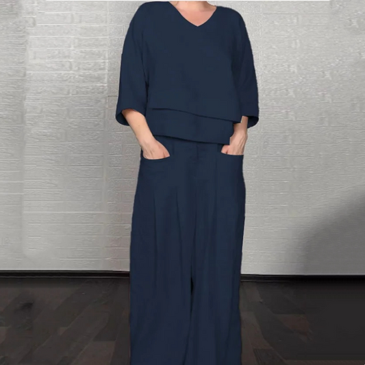 Conjunto de dos piezas de algodón y lino con dobladillo irregular: top con cuello en V + pantalones de pierna ancha