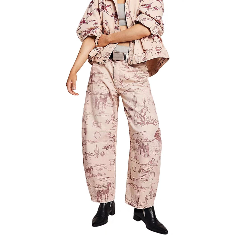 Damen Jeans im weiten Schnitt mit Blumenprint – Hochwertige Palazzo-Hose, Mid-Waist, 7/8 Länge 🌸👖