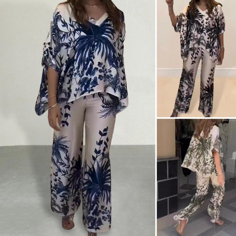 Luftiges Damen-Set im botanischen Design – Zweiteiliges Sommer-Outfit mit V-Ausschnitt