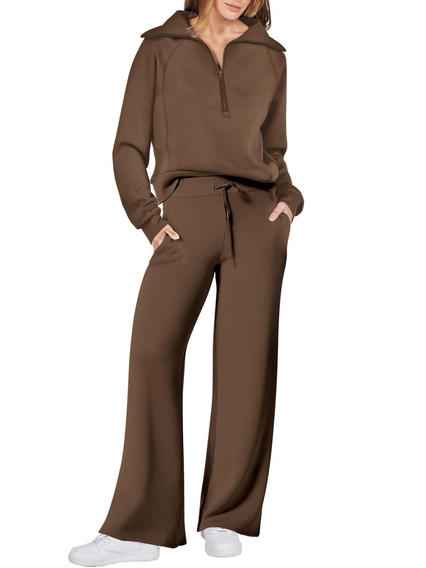 💝🔥Black-Friday-Mega-Angebot – 50 % Rabatt!🔥Damen-Loungeset aus 2 Teilen mit Oversize-Schnitt, halbem Reißverschluss und weitem Bein