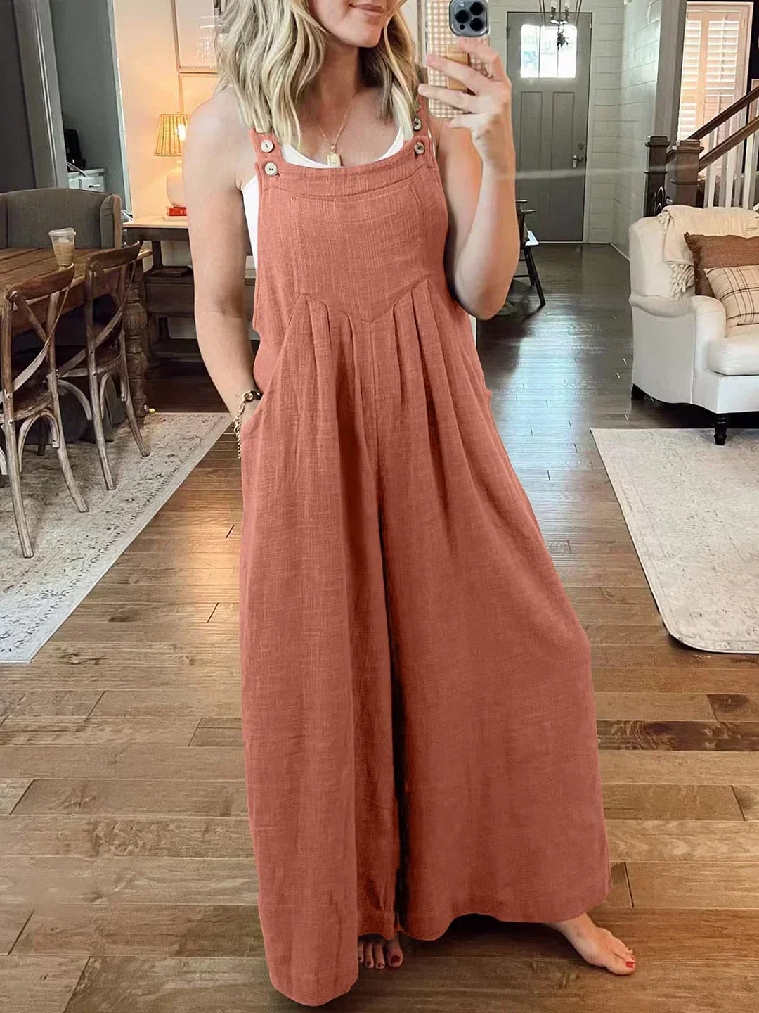 Ärmelloser Jumpsuit für Damen mit weitem Bein und Taschen