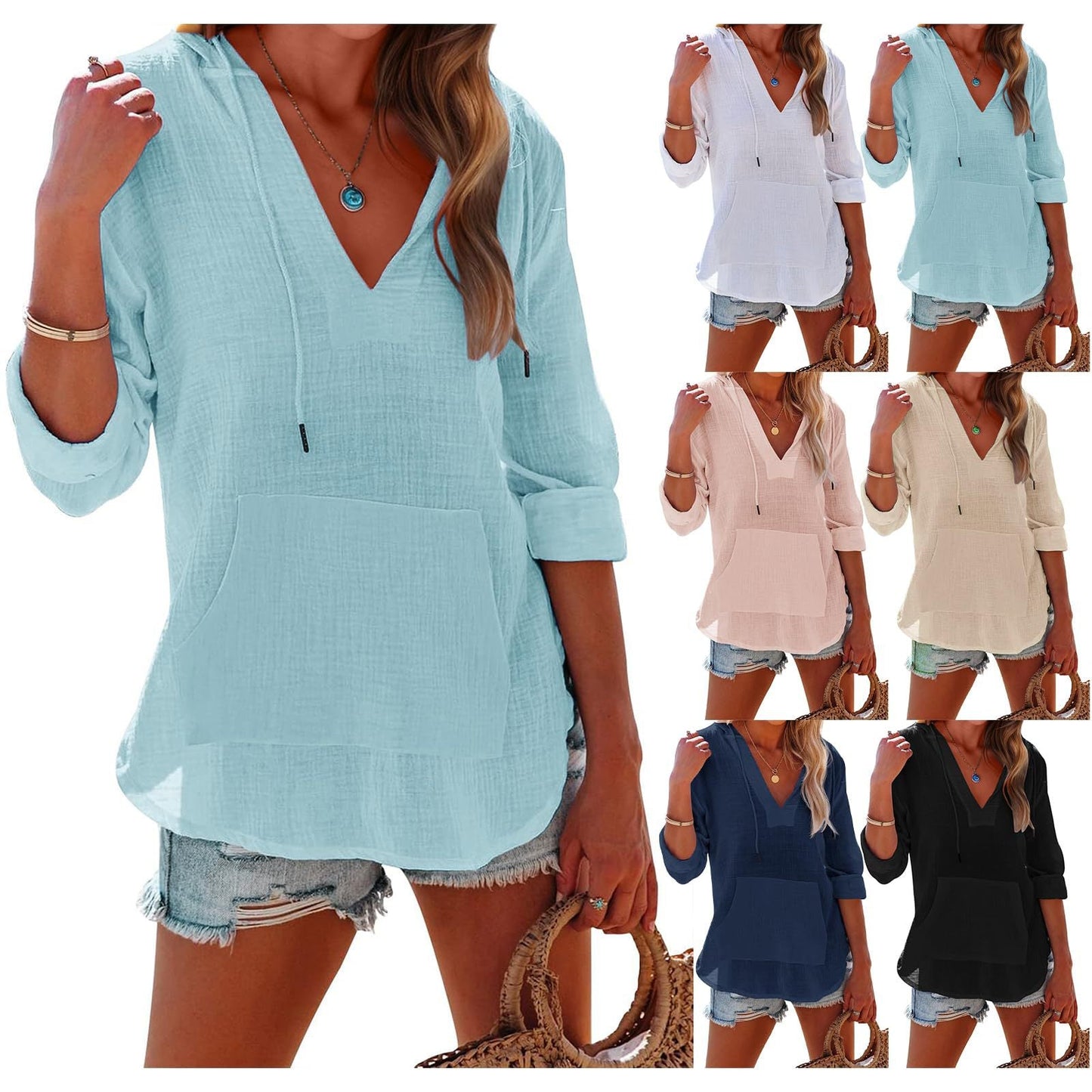 Damen Oversize-Hoodie mit V-Ausschnitt und Kängurutasche für Strand & Alltag