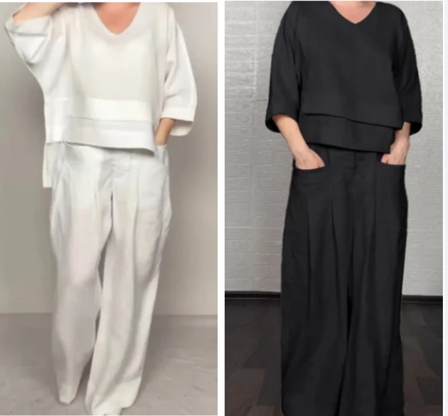 Conjunto de dos piezas de algodón y lino con dobladillo irregular: top con cuello en V + pantalones de pierna ancha