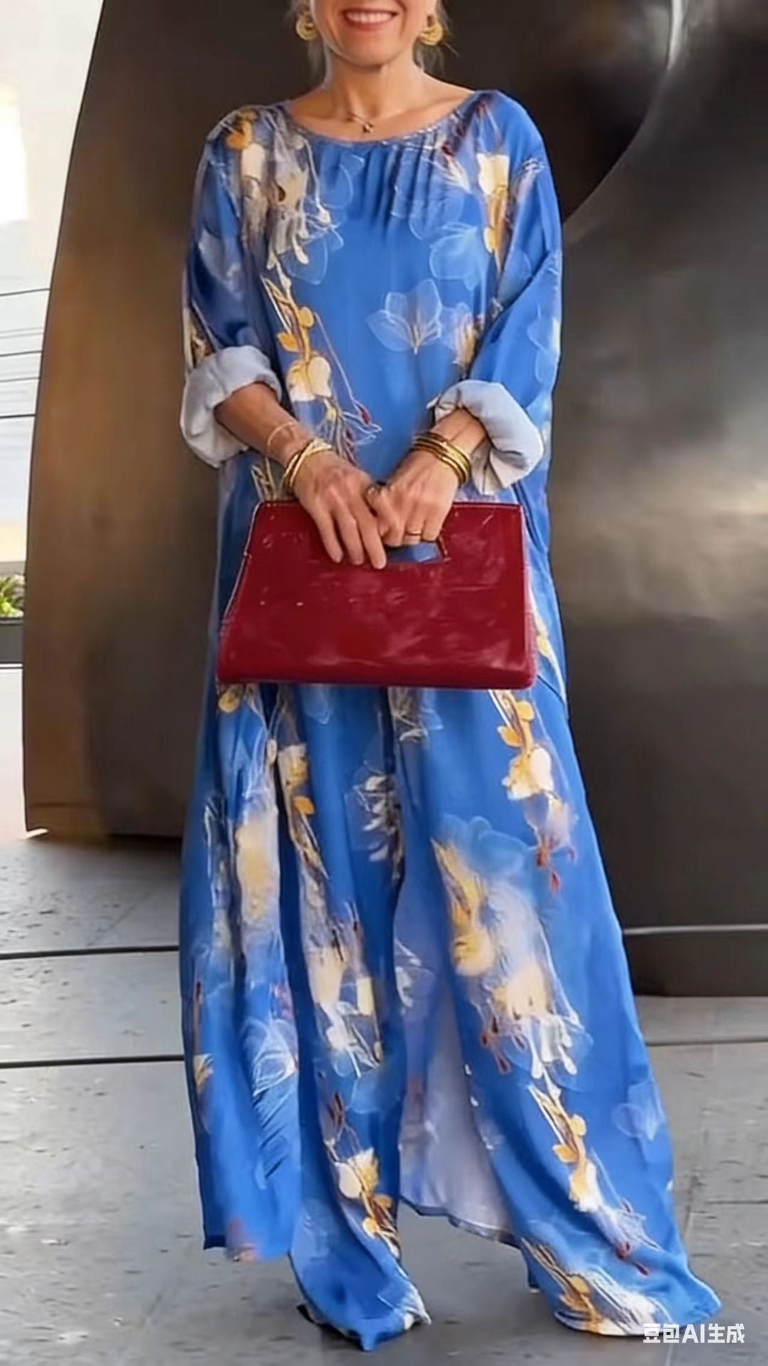 Asymmetrisches Tunika- und Hosen-Set mit Blumenmuster für Damen