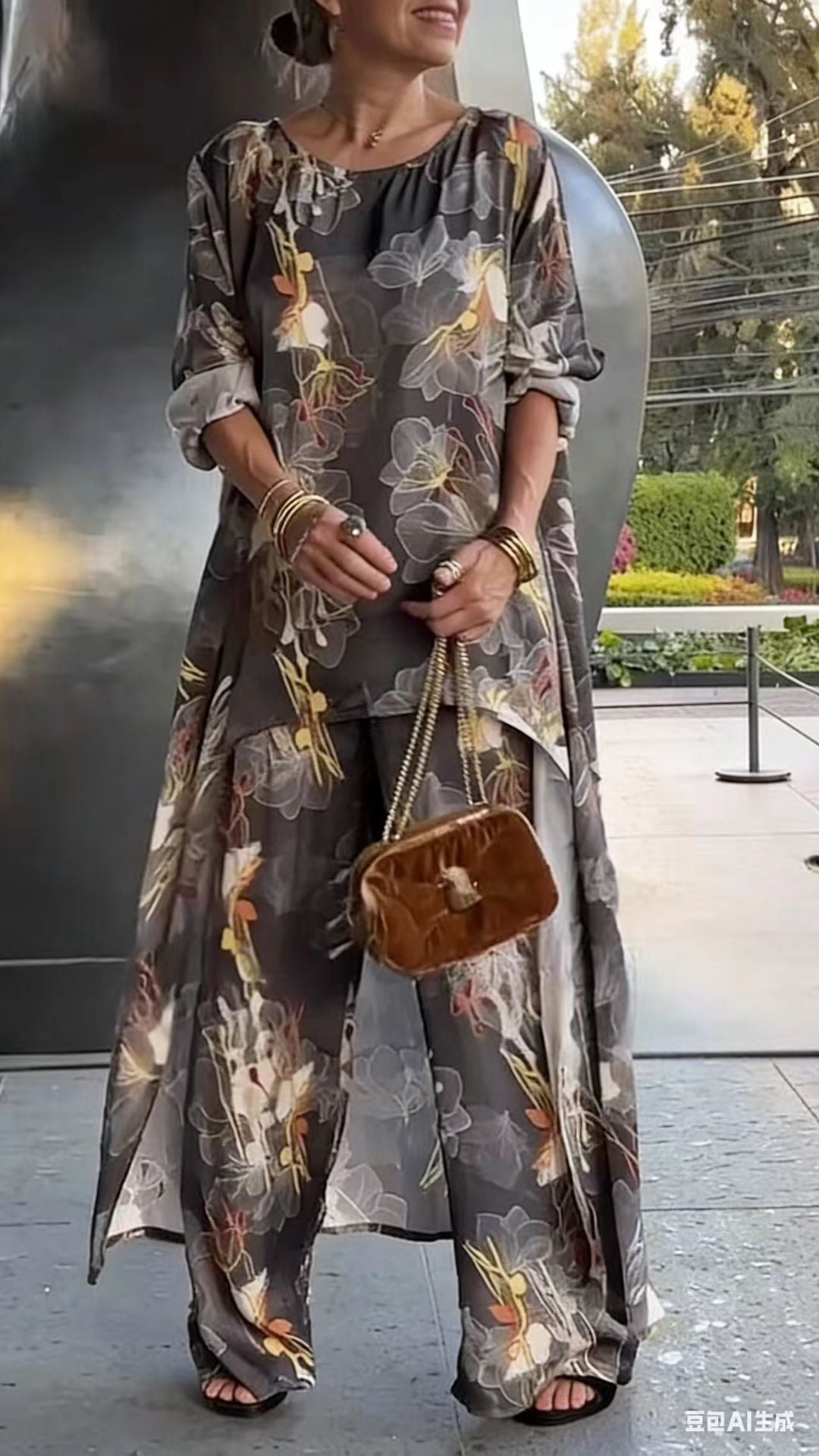 Asymmetrisches Tunika- und Hosen-Set mit Blumenmuster für Damen