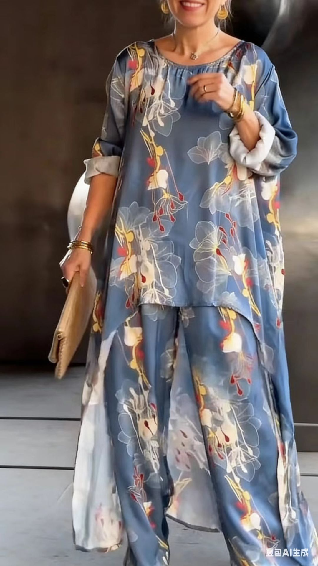 Asymmetrisches Tunika- und Hosen-Set mit Blumenmuster für Damen