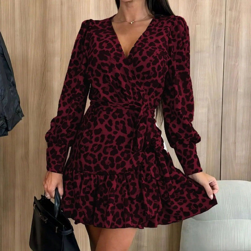 ⌛ Nur noch 3 Tage – 50 % auf alles! ⏰Leopardenprint Wickelkleid mit V-Ausschnitt und Taillengürtel
