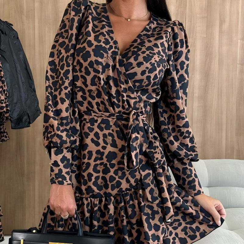 ⌛ Nur noch 3 Tage – 50 % auf alles! ⏰Leopardenprint Wickelkleid mit V-Ausschnitt und Taillengürtel