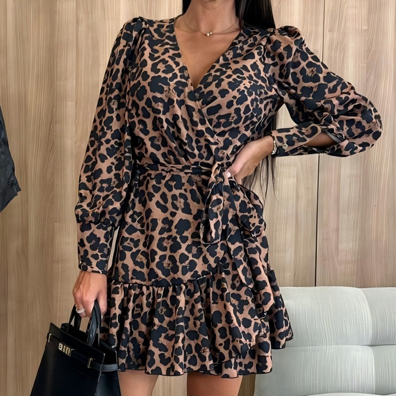 ⌛ Nur noch 3 Tage – 50 % auf alles! ⏰Leopardenprint Wickelkleid mit V-Ausschnitt und Taillengürtel