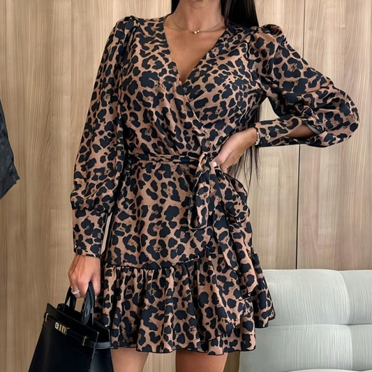 ⌛ Nur noch 3 Tage – 50 % auf alles! ⏰Leopardenprint Wickelkleid mit V-Ausschnitt und Taillengürtel
