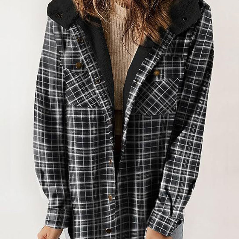 Damen Herbst und Winter verdickter Flanell langärmelige karierte Kapuzenjacke