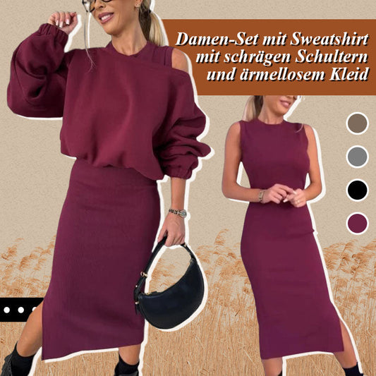 ⌛ Nur noch 3 Tage – 50 % auf alles! ⏰Damen-Set mit Sweatshirt mit schrägen Schultern und ärmellosem Kleid🌸
