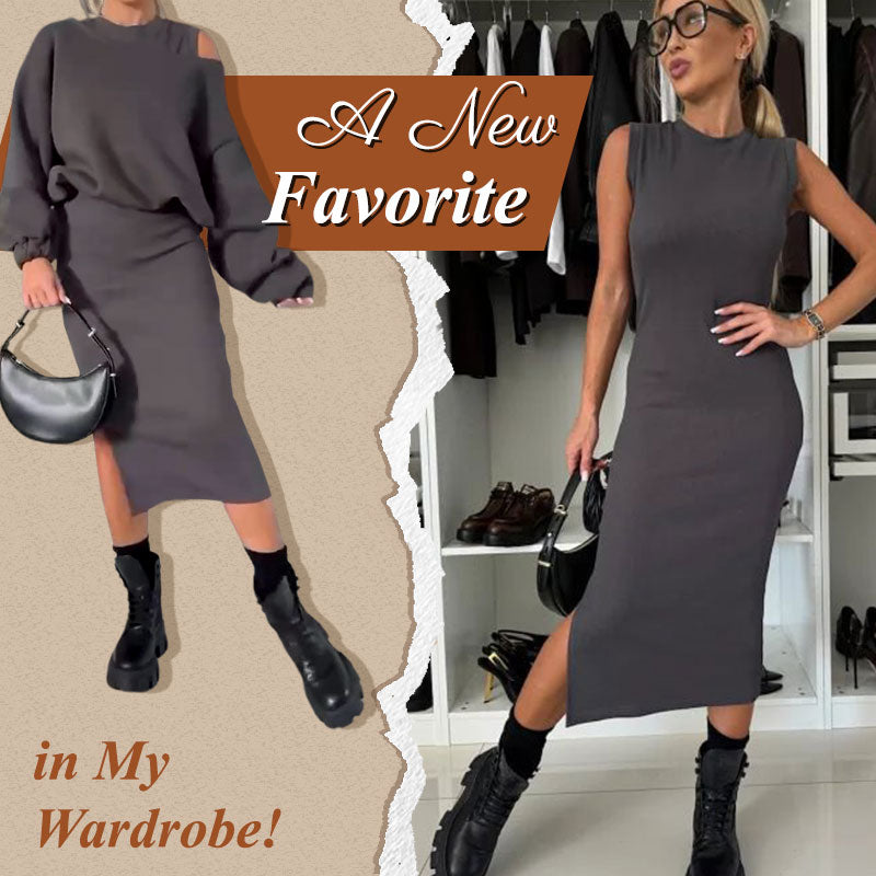 ⌛ Nur noch 3 Tage – 50 % auf alles! ⏰Damen-Set mit Sweatshirt mit schrägen Schultern und ärmellosem Kleid🌸