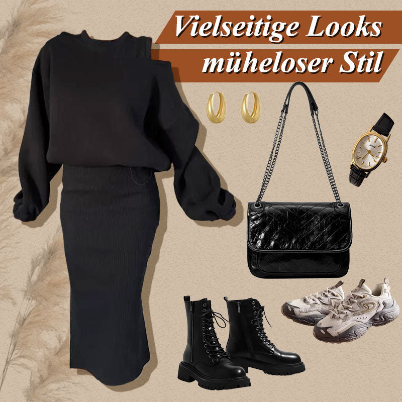 ⌛ Nur noch 3 Tage – 50 % auf alles! ⏰Damen-Set mit Sweatshirt mit schrägen Schultern und ärmellosem Kleid🌸