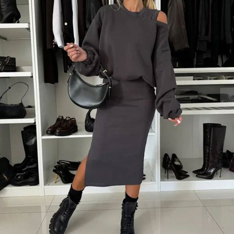 ⌛ Nur noch 3 Tage – 50 % auf alles! ⏰Damen-Set mit Sweatshirt mit schrägen Schultern und ärmellosem Kleid🌸