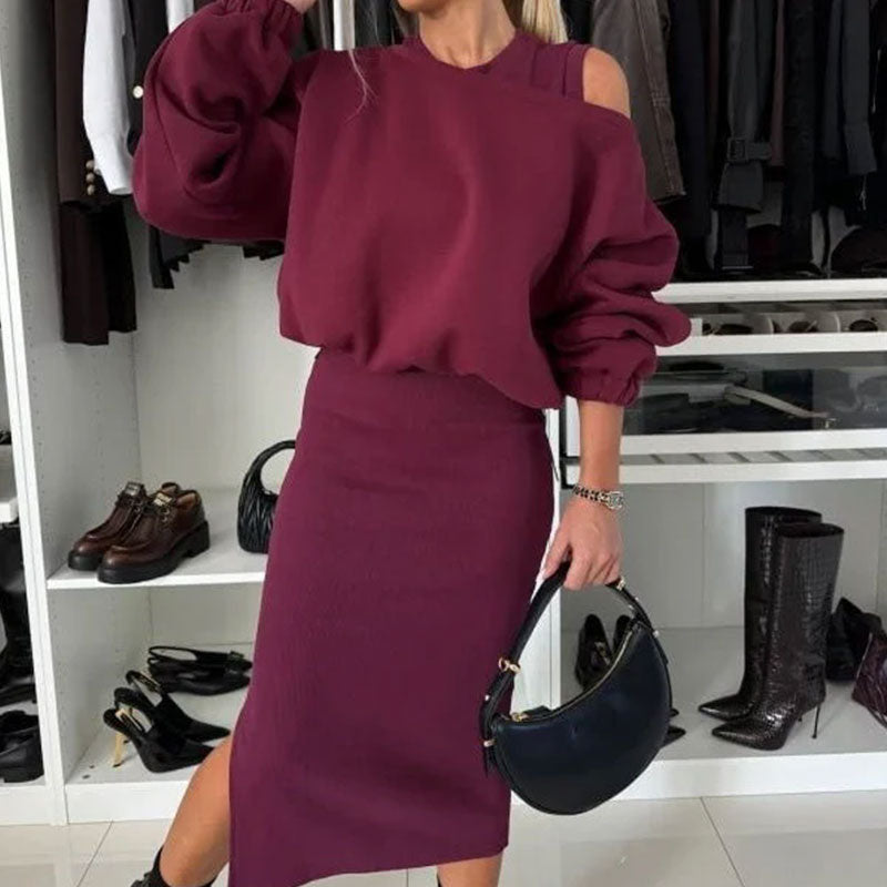 ⌛ Nur noch 3 Tage – 50 % auf alles! ⏰Damen-Set mit Sweatshirt mit schrägen Schultern und ärmellosem Kleid🌸