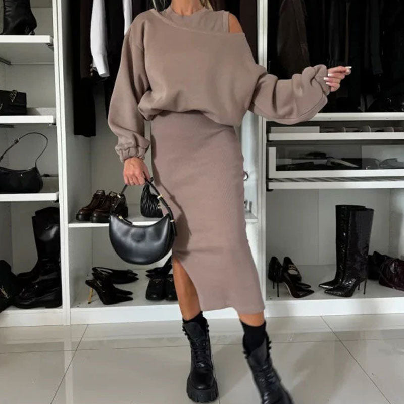 ⌛ Nur noch 3 Tage – 50 % auf alles! ⏰Damen-Set mit Sweatshirt mit schrägen Schultern und ärmellosem Kleid🌸