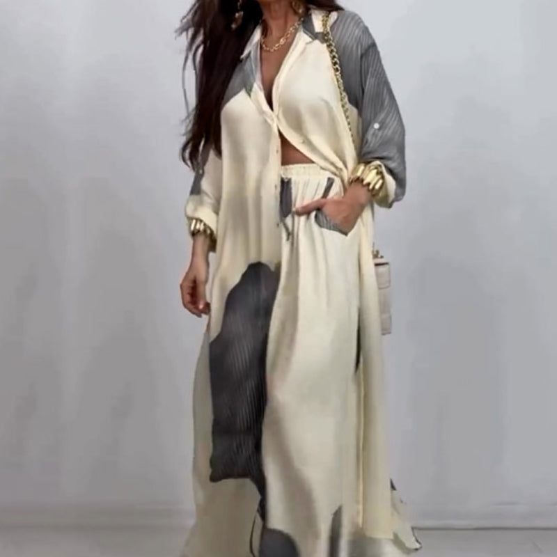 Elegantes und sinnliches Set aus langem Blusen-Shirt mit Druck und weiter Hose