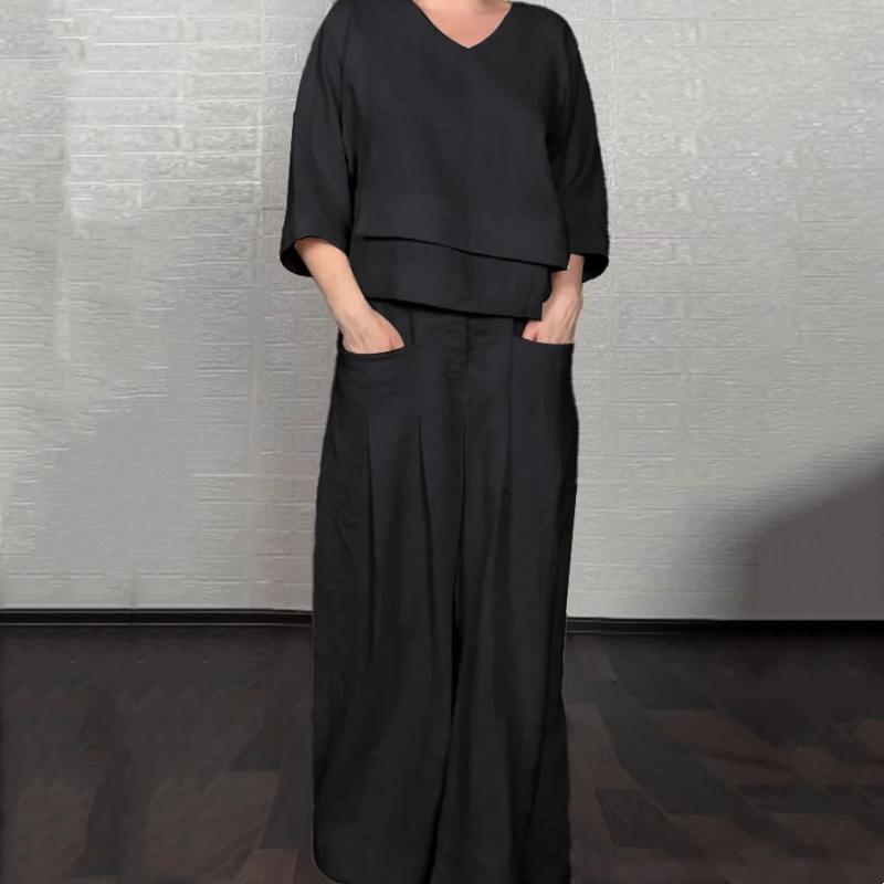 Conjunto de dos piezas de algodón y lino con dobladillo irregular: top con cuello en V + pantalones de pierna ancha