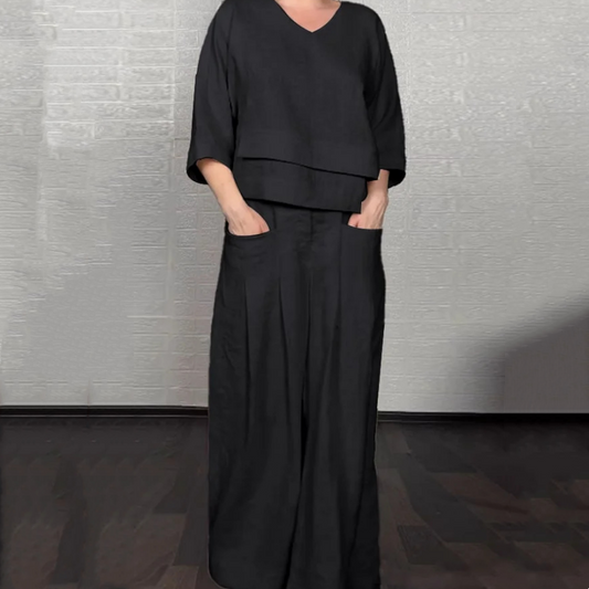 Conjunto de dos piezas de algodón y lino con dobladillo irregular: top con cuello en V + pantalones de pierna ancha