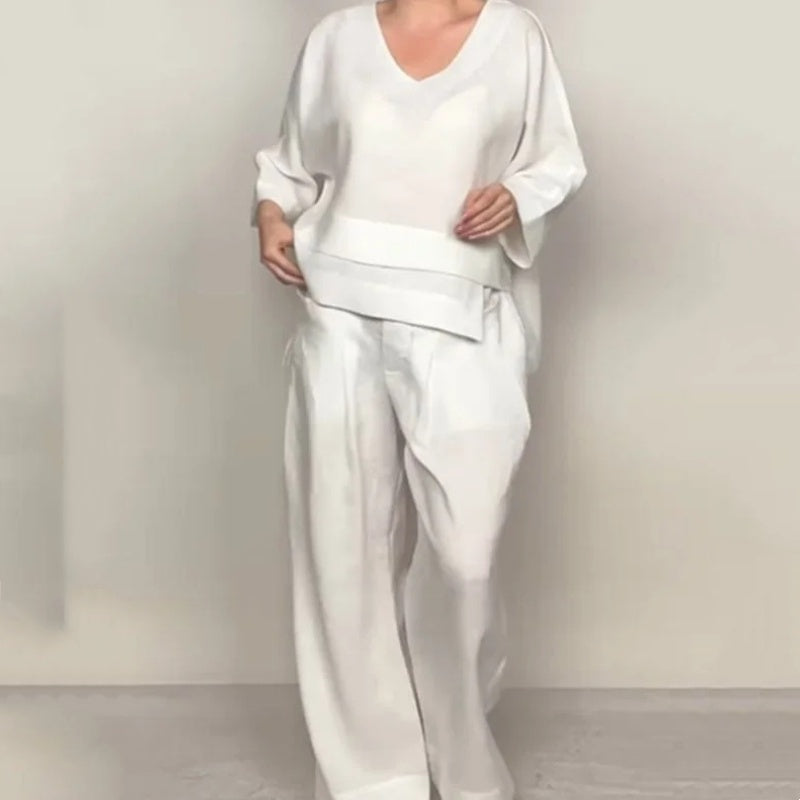 Conjunto de dos piezas de algodón y lino con dobladillo irregular: top con cuello en V + pantalones de pierna ancha
