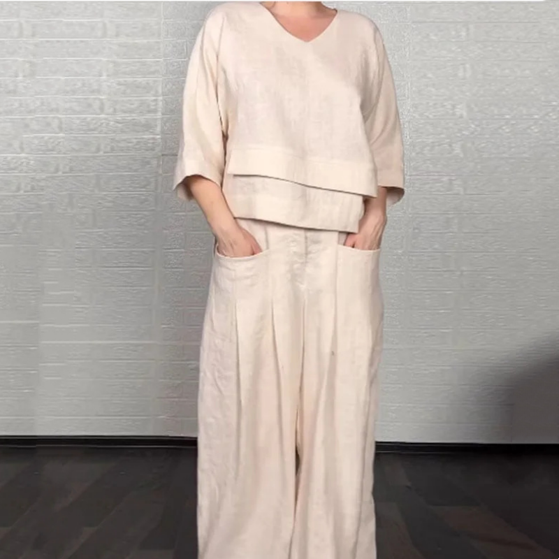 Conjunto de dos piezas de algodón y lino con dobladillo irregular: top con cuello en V + pantalones de pierna ancha
