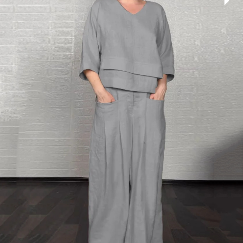 Conjunto de dos piezas de algodón y lino con dobladillo irregular: top con cuello en V + pantalones de pierna ancha