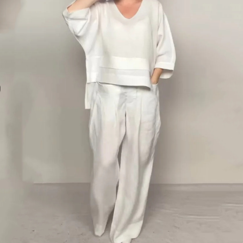 Conjunto de dos piezas de algodón y lino con dobladillo irregular: top con cuello en V + pantalones de pierna ancha