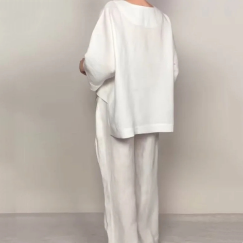Conjunto de dos piezas de algodón y lino con dobladillo irregular: top con cuello en V + pantalones de pierna ancha