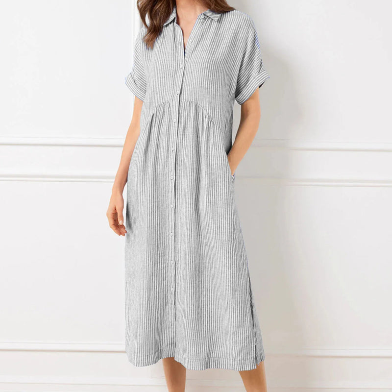 💃Letzter Tag des Ausverkaufs - 50% RABATT💞Damen V-Ausschnitt Revers gestreiftes langes Hemdkleid