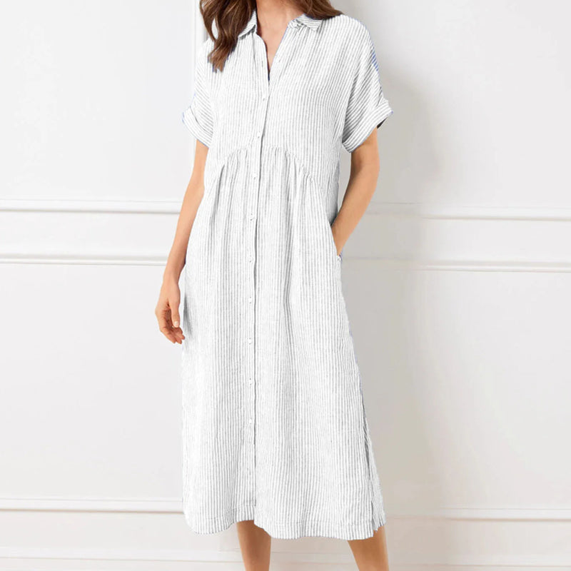 💃Letzter Tag des Ausverkaufs - 50% RABATT💞Damen V-Ausschnitt Revers gestreiftes langes Hemdkleid