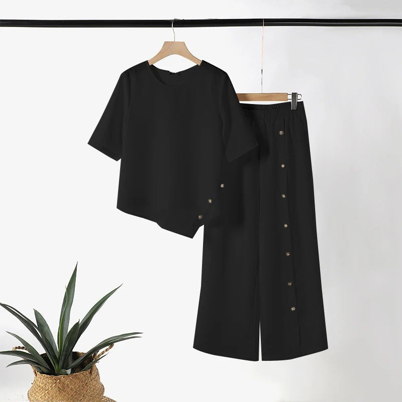 Asymmetrisches Top mit weiter Hose – Zweiteiliges Damen-Outfit für Beruf und Freizeit