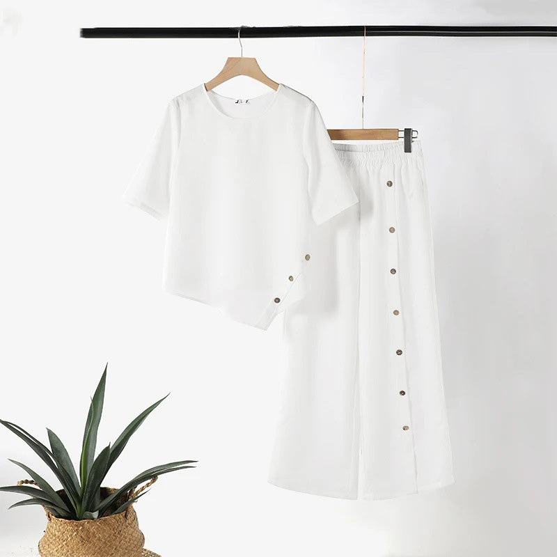 Asymmetrisches Top mit weiter Hose – Zweiteiliges Damen-Outfit für Beruf und Freizeit