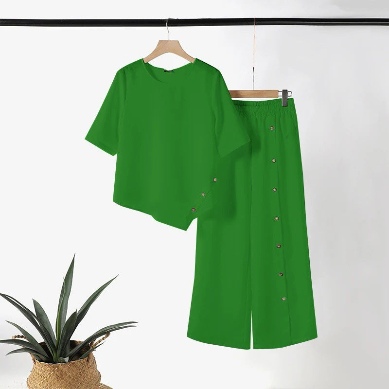 Asymmetrisches Top mit weiter Hose – Zweiteiliges Damen-Outfit für Beruf und Freizeit