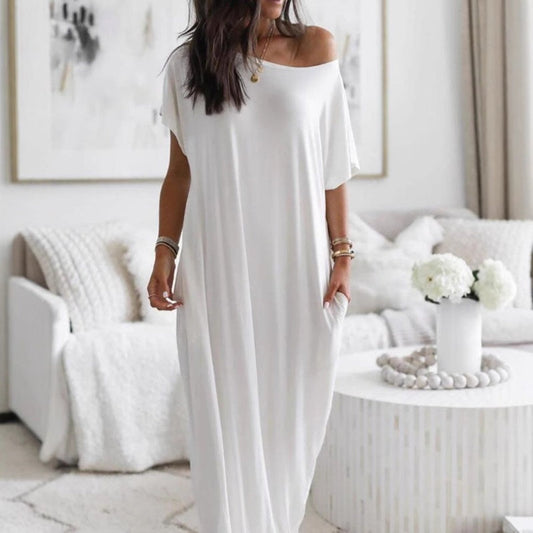 ☀️🌿 Langes Sommerkleid für Damen – luftig, locker & einfarbig: Perfekt für heiße Tage. Kurzärmelig & knöchellang für maximalen Tragekomfort ✨🌸 Jetzt entdecken!