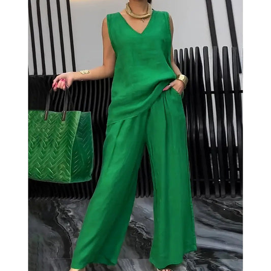 Damen lockeres einfarbiges zweiteiliges Sommer-Set: Ärmelloses Oberteil mit V-Ausschnitt und Weitbeinhose