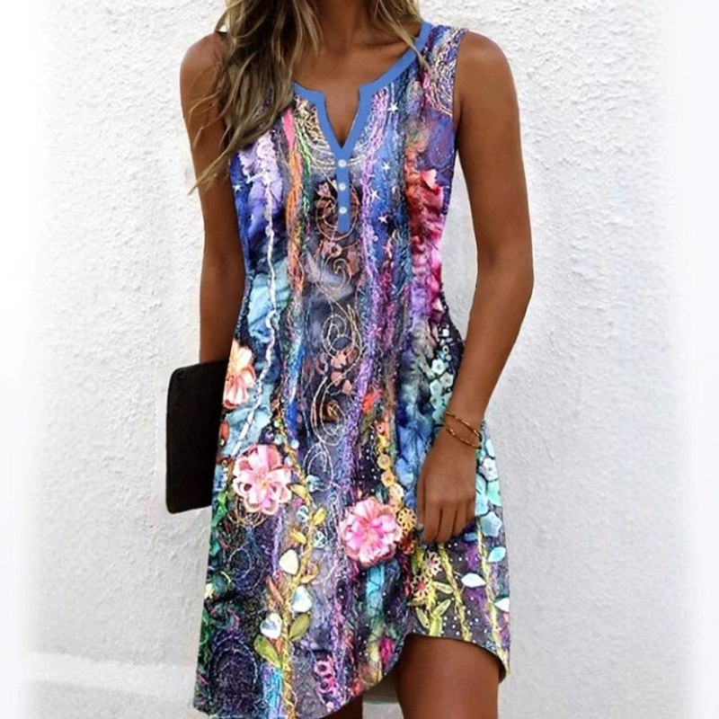 ✨Müheloser Stil: Komfort trifft Eleganz🏖️Sommer-Specials🌴Damen ärmellose V-Ausschnitt-Printkleider