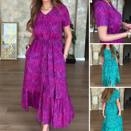 🎁Begrenzte Zeit 50% Rabatt⏳Gemustertes Damenkleid mit V-Ausschnitt