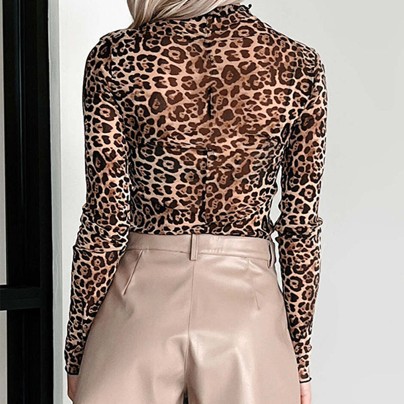 Langarm-Oberteil aus Mesh mit Leopardenmuster