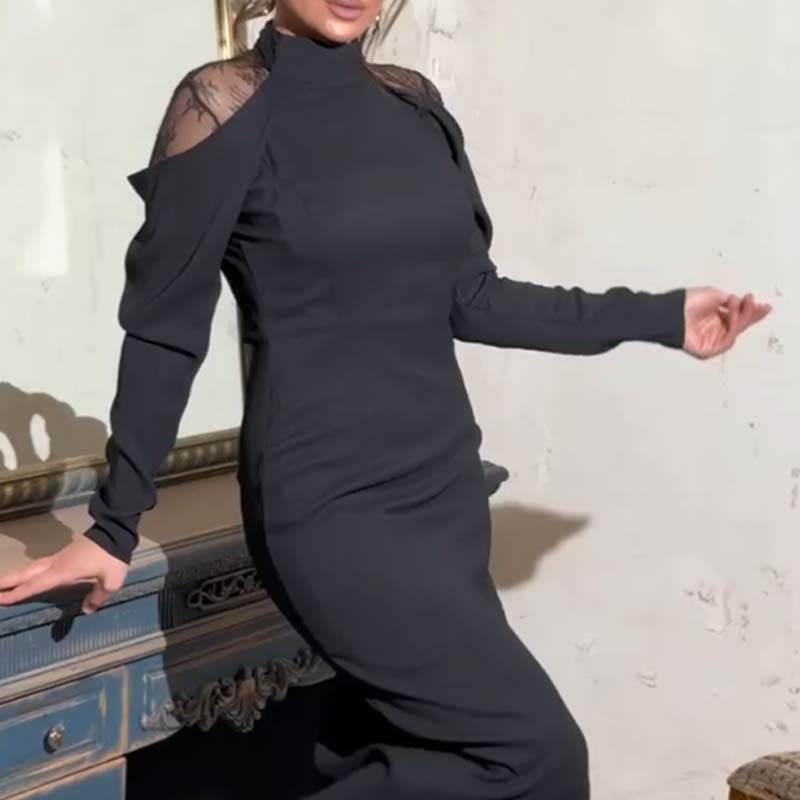 Damen elegantes Midikleid mit Stehkragen und Spitzen-Detail am Rücken