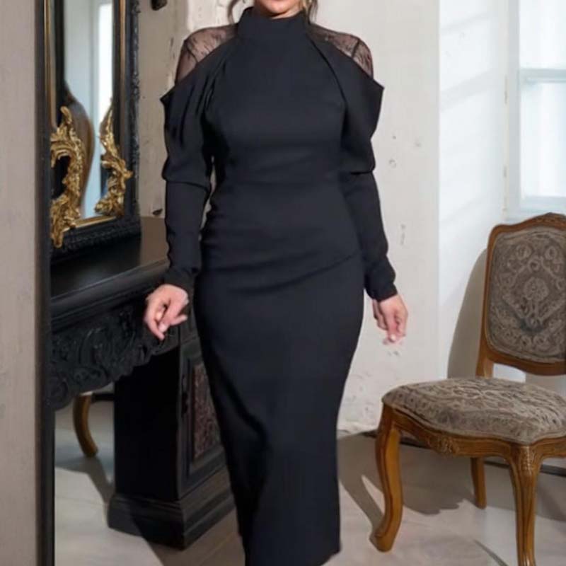 Damen elegantes Midikleid mit Stehkragen und Spitzen-Detail am Rücken