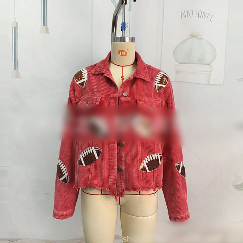 Damen-Baseballjacke mit Stehkragen, Paillettenstickerei und Cordstoff im Vintage-Stil - Elegantes Oberteil mit Glitzerdetails