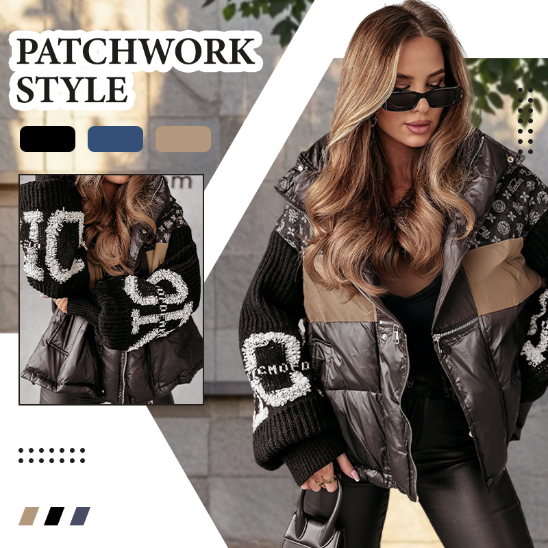 ✨🎅Weihnachtsangebote – Nur für kurze Zeit!⏰Damen Steppjacke mit Kapuze, Strickärmeln und Patchwork-Design