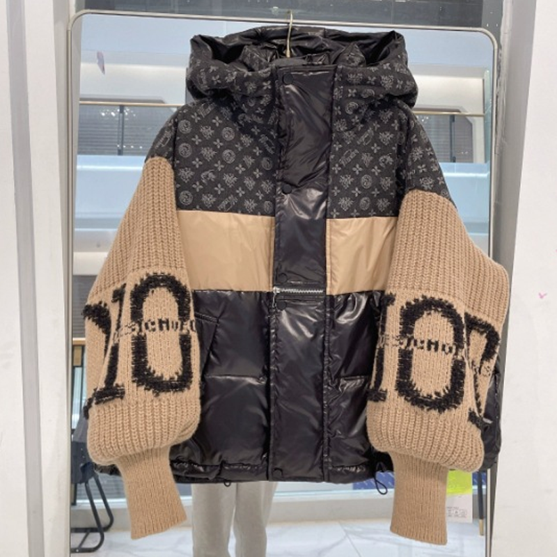 ✨🎅Weihnachtsangebote – Nur für kurze Zeit!⏰Damen Steppjacke mit Kapuze, Strickärmeln und Patchwork-Design