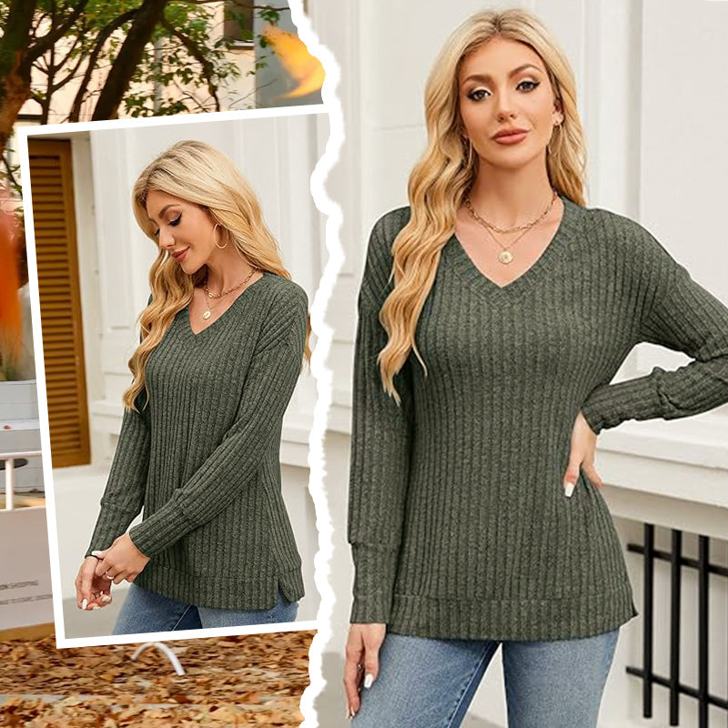 🔥Solange der Vorrat reicht 50% Rabatt!🎉Damen-Pullover mit V-Ausschnitt und langen Ärmeln in Uni-Farbe
