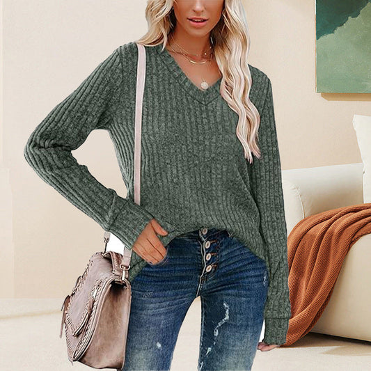 🔥Solange der Vorrat reicht 50% Rabatt!🎉Damen-Pullover mit V-Ausschnitt und langen Ärmeln in Uni-Farbe
