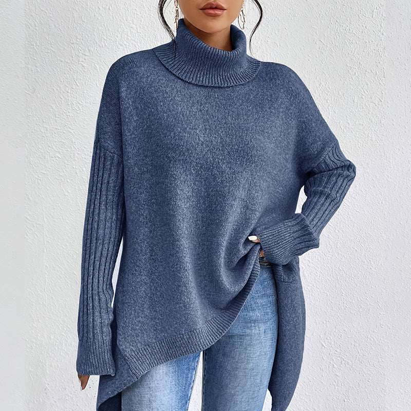 💖 Modischer Damenpullover in Volltonfarbe mit überschnittener Schulter, hohem Halsausschnitt und grobem Strick