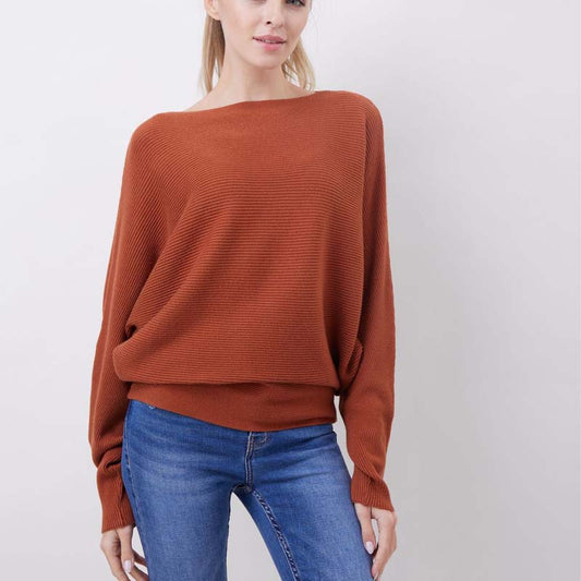 🔥Black-Friday-Mega-Angebot – 50 % Rabatt!🔥Damenbootsausschnitt mit Dolman-Ärmeln und Rippstrick-Gestrick Pullover