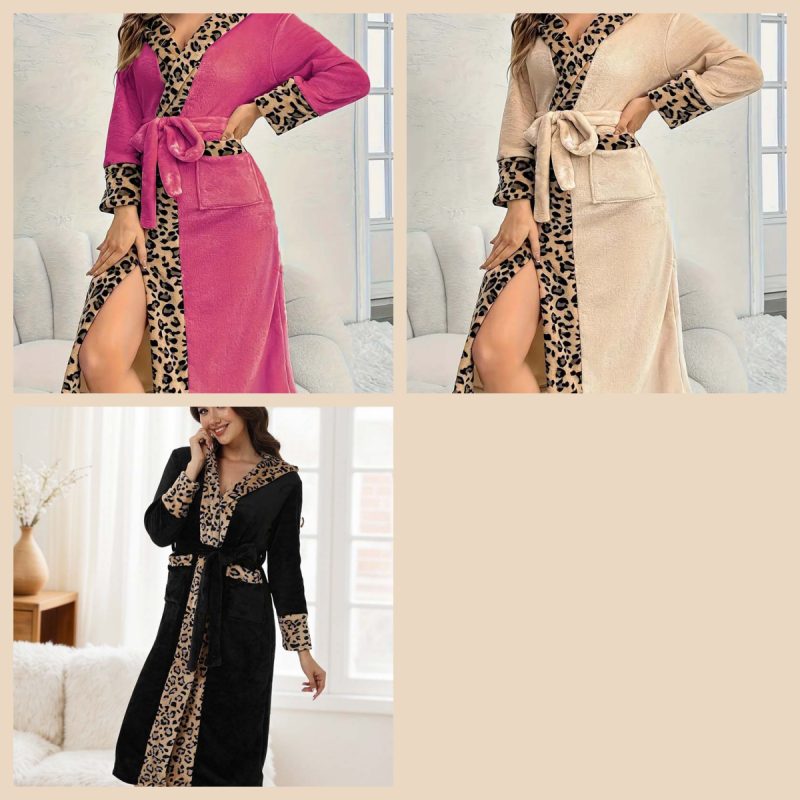 Gemütliches Damenbadekleid mit Kapuze und Leopardenmuster